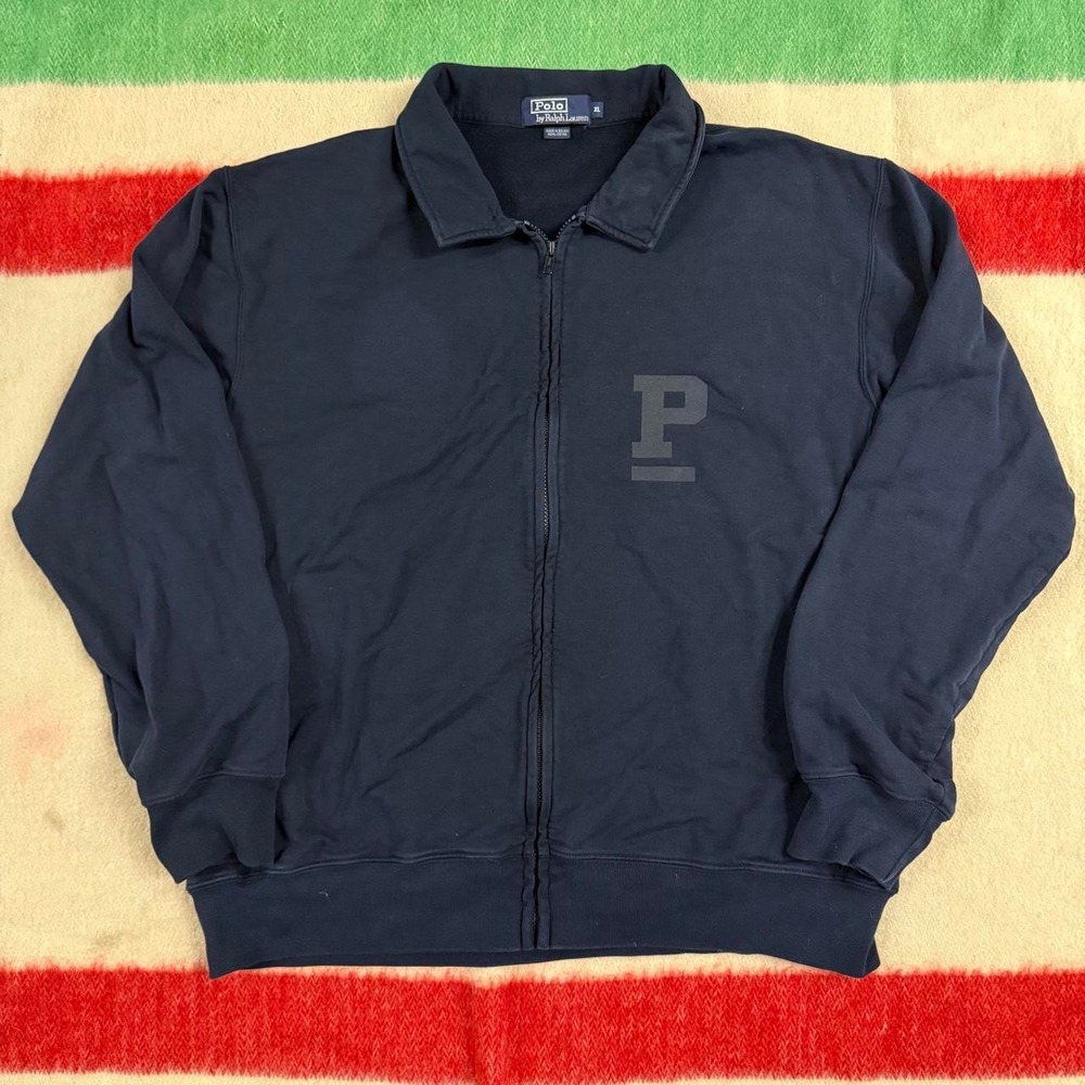 Vintage 90s Polo Ralph Lauren Zip Up Cotton Sweatshirt XL Navy Blue Big P Logo